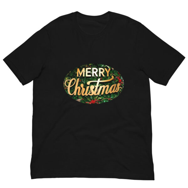 Black t-shirt with Merry Christmas design.