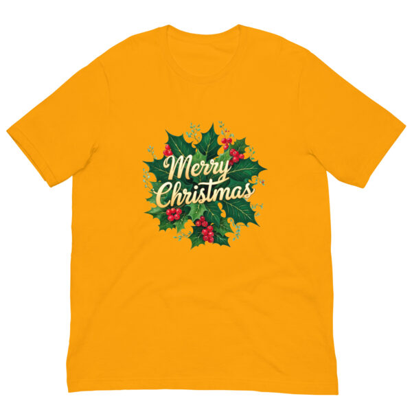 Yellow T-shirt with Merry Christmas holly design.