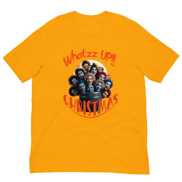 Yellow T-shirt with clown design, 'Whatzz Up!! Christmas'