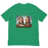 Green T-shirt with festive elves design.