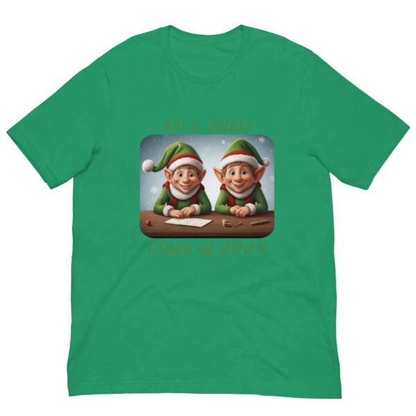 Green T-shirt with festive elves design.