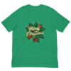 Green T-shirt with Merry Christmas design.