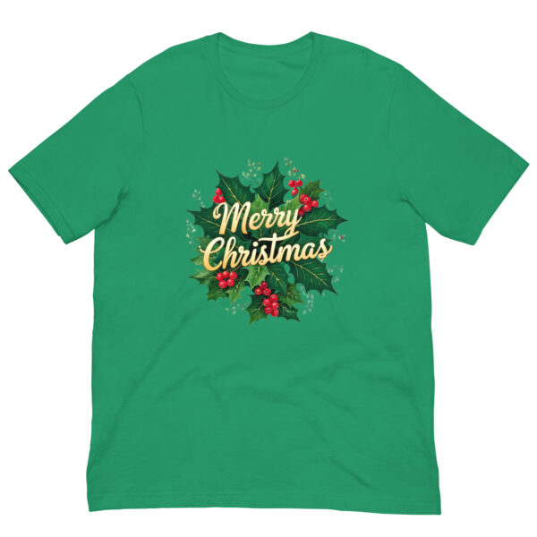 Green T-shirt with Merry Christmas design.