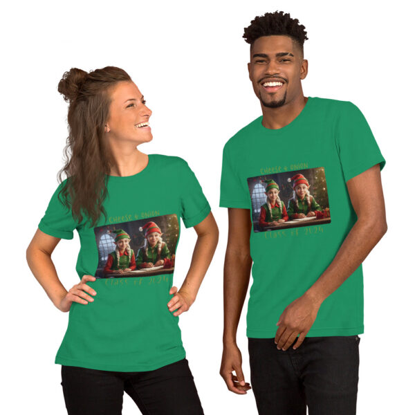 Models wearing green Christmas elf T-shirts