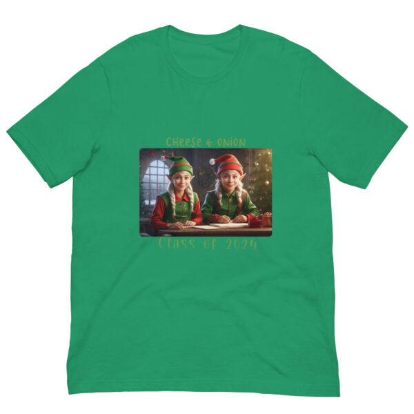 Green shirt with festive elf design, text "Class of 2024".