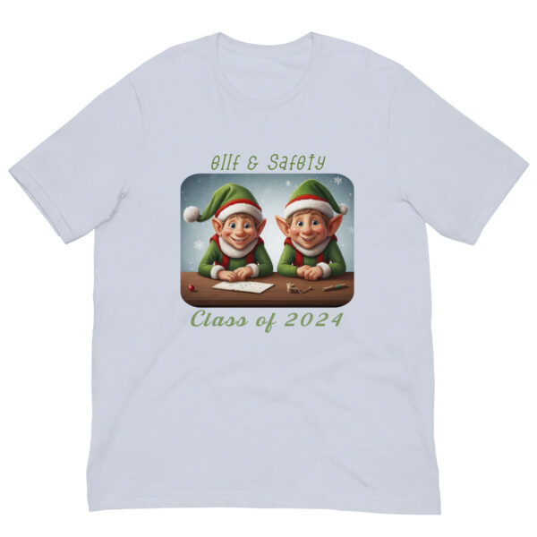 T-shirt with cheerful elves, 'Elf & Safety' message.