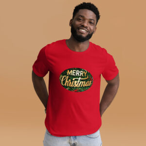 Smiling person wearing Merry Christmas t-shirt.