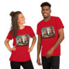 Models wearing red Christmas elf T-shirts