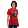 Red Christmas T-shirt with animated characters design.