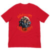 Red T-shirt with festive cartoon faces design