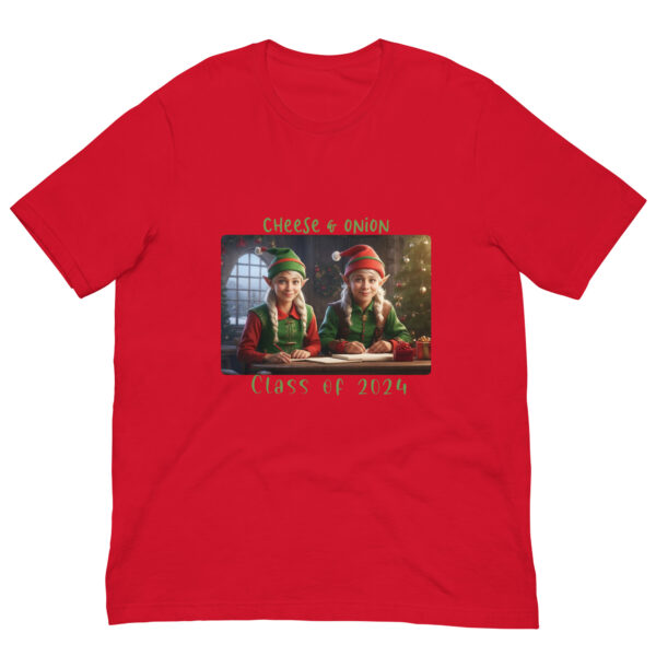 Red T-shirt with festive elf design, Class 2024