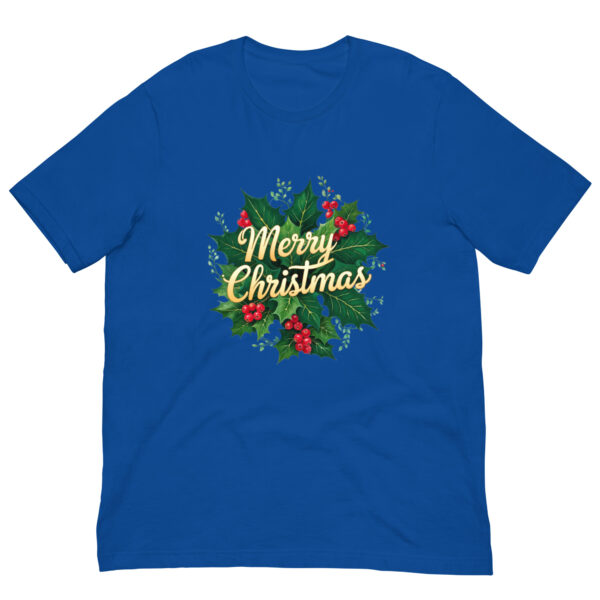 Blue T-shirt with 'Merry Christmas' design.