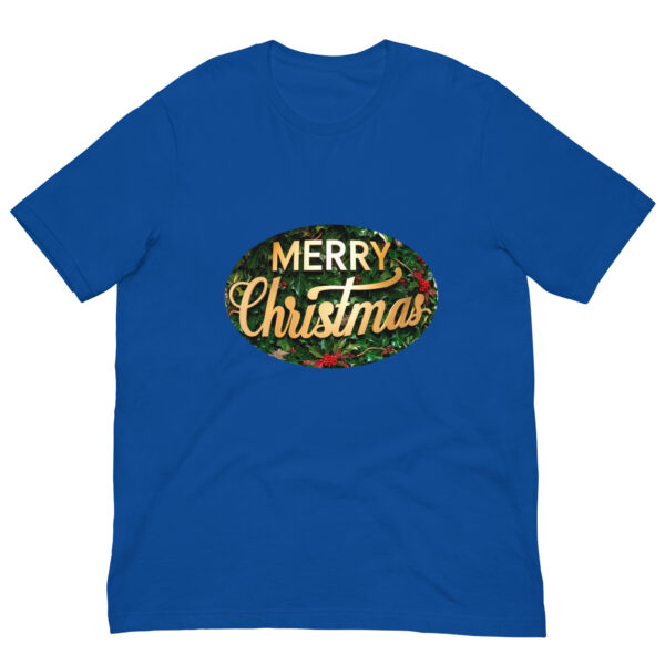 Blue T-shirt with Merry Christmas design.