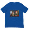 Blue T-shirt with festive elves design and text.