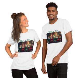 Two people wearing Class of 2024 festive shirts.