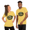 Two people wearing Merry Christmas yellow shirts.