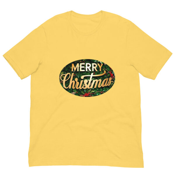 Yellow T-shirt with 'Merry Christmas' design.