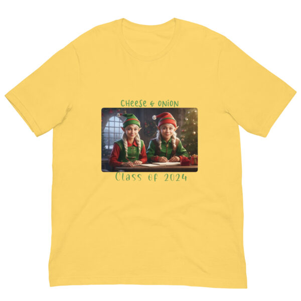 Yellow T-shirt with festive elf design, Class of 2024.