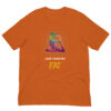 Orange t-shirt with abstract figure and text design.