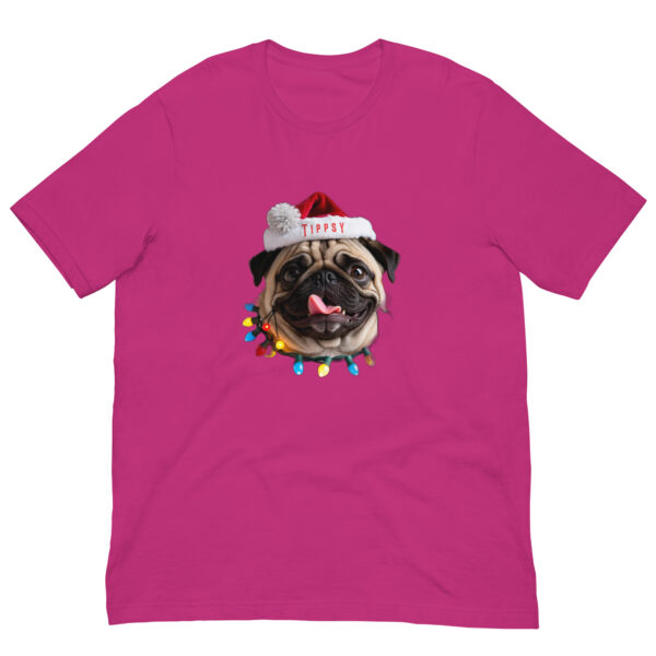 Pink t-shirt with pug design and Santa hat.