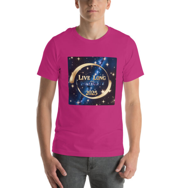 Pink shirt with 'Live Long and Delegate' design.