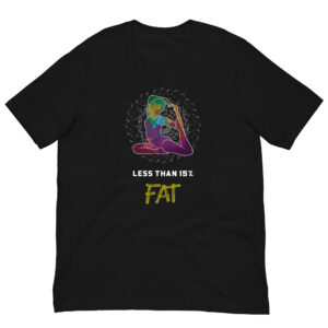 Colourful yoga pose design on black T-shirt.