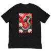 Black T-shirt with snake and lotus design.