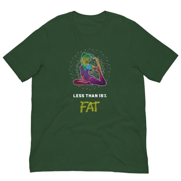 Green shirt with colourful yoga graphic.