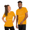 Models wearing matching orange Christmas quote t-shirts.