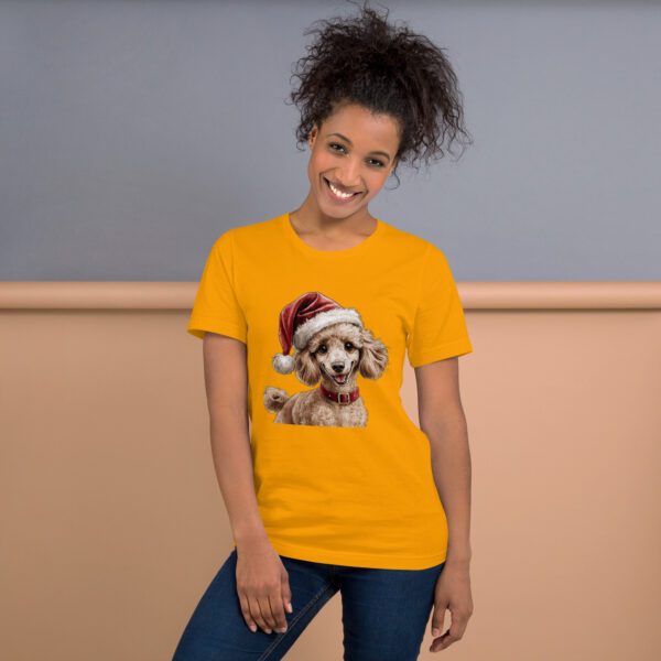 Woman in dog print Santa t-shirt smiling