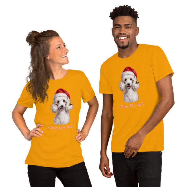 People wearing festive dog-themed T-shirts, bright background.