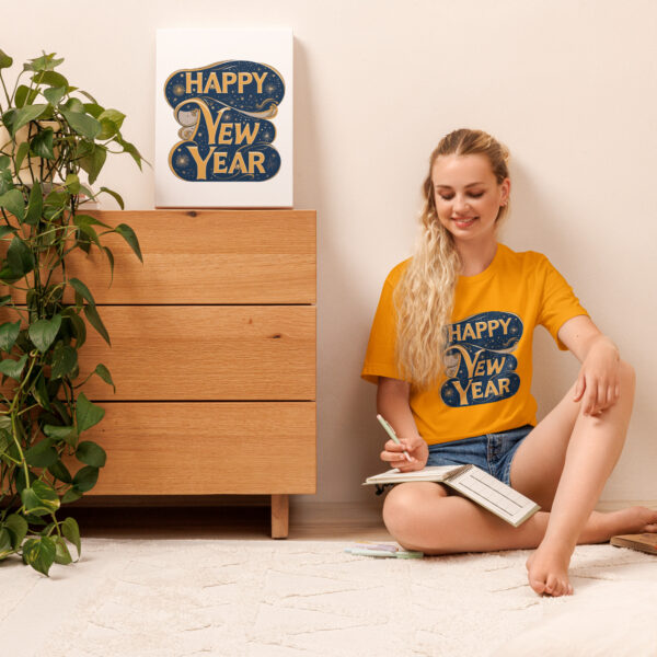 Smiling woman wearing Happy New Year shirt, note-taking.