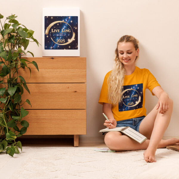 Woman in yellow shirt writing, star-themed poster visible.