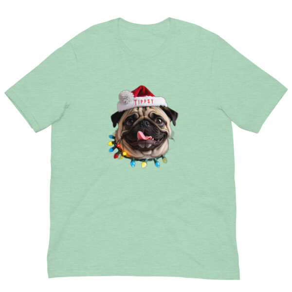 Pug wearing Christmas hat and lights on t-shirt.