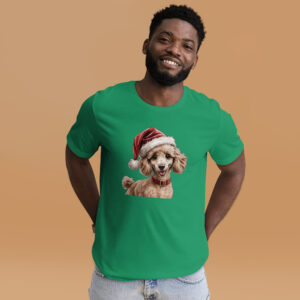 Man wearing Christmas dog t-shirt smiling