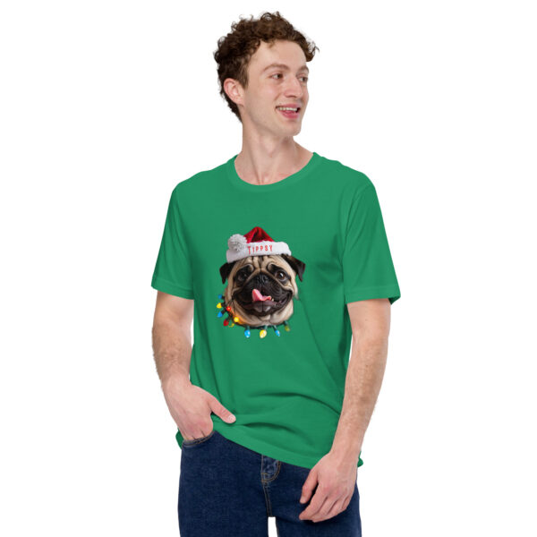 Man wears green festive pug Christmas T-shirt