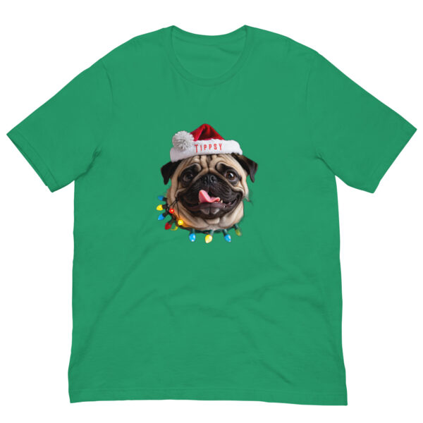 Green t-shirt with pug in Santa hat.