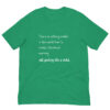 Green T-shirt with Christmas childlike text.