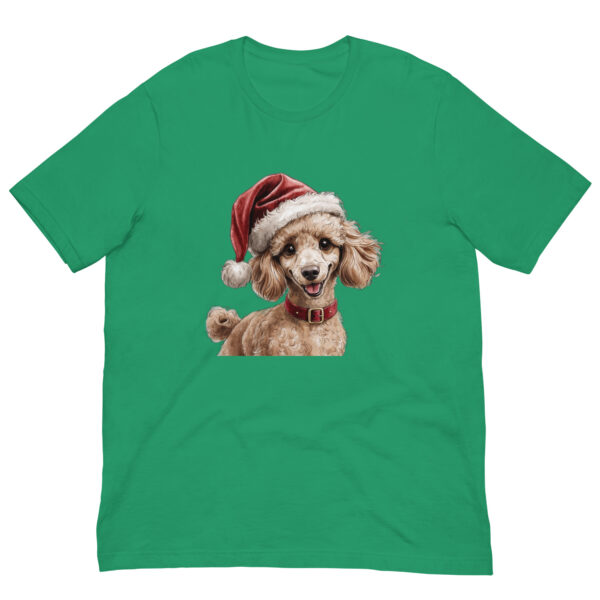 Green t-shirt with festive poodle in Santa hat.