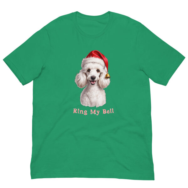 Green T-shirt with festive poodle design.