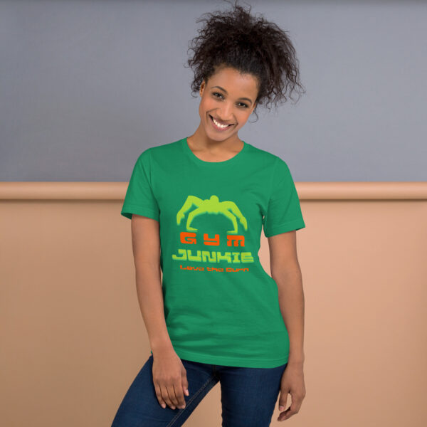 Woman wearing green Gym Junkie t-shirt smiling