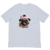 Pug wearing Santa hat and festive lights on shirt.