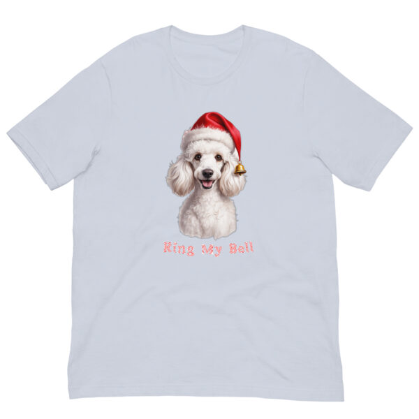 Poodle in Santa hat on T-shirt, 'Ring My Bell'.