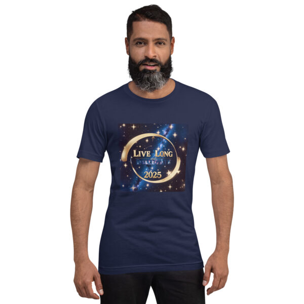 Man wearing Live Long 2025 blue t-shirt