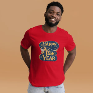 Smiling man in Happy New Year t-shirt.