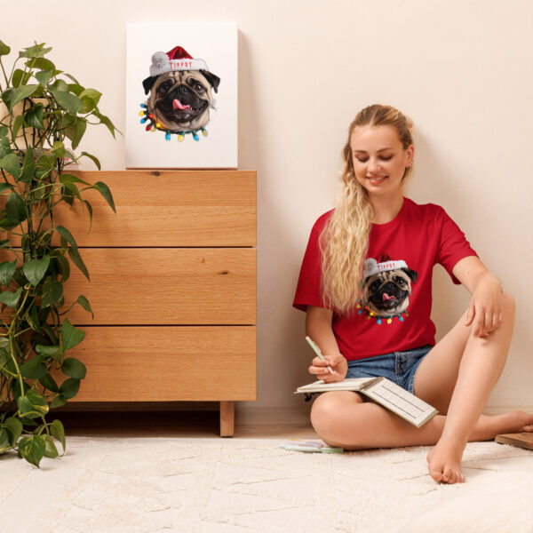 Woman with pug-themed shirt and artwork.