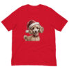 Red T-shirt with festive dog illustration.