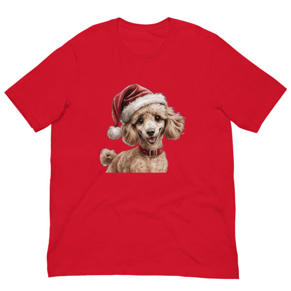 Red T-shirt with festive dog illustration.