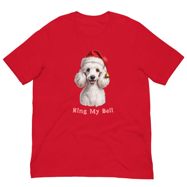 Red Christmas T-shirt with dog and festive hat design.