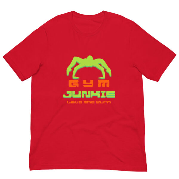 Red t-shirt with gym junkie graphic design.